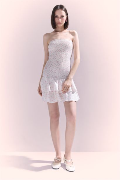 Fitted Straplez Çiçekli Gipeli Mini Yazlık Elbise