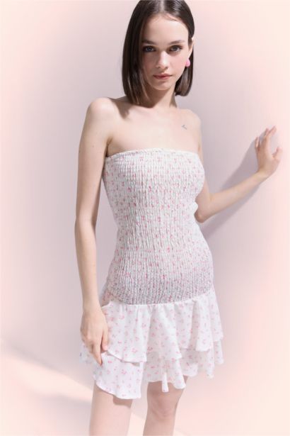 Fitted Straplez Çiçekli Gipeli Mini Yazlık Elbise