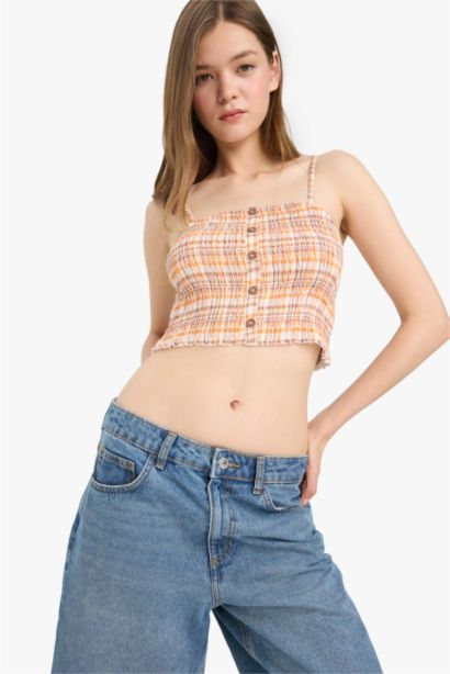 بلوزة كاروهات سليم فيت مخصر بحمالات