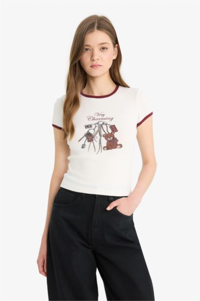 Fitted Bisiklet Yaka Baskılı Ribana Kısa Kollu Tişört