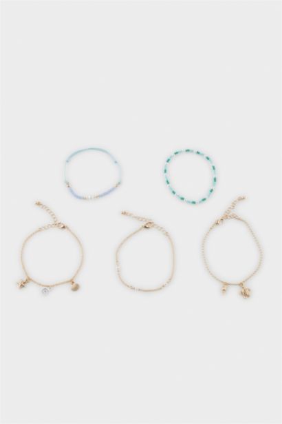Woman 5 Piece Blue Beaded Gold Bracelet