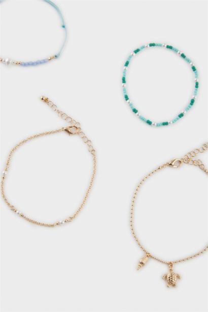 Woman 5 Piece Blue Beaded Gold Bracelet