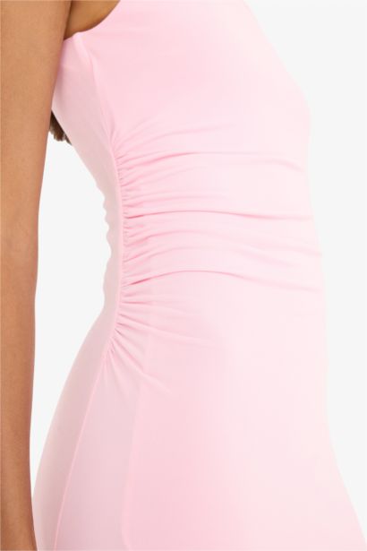 Bodycon Vücudu Saran Kayık Yaka Kısa Kollu Maxi Yazlık Elbise