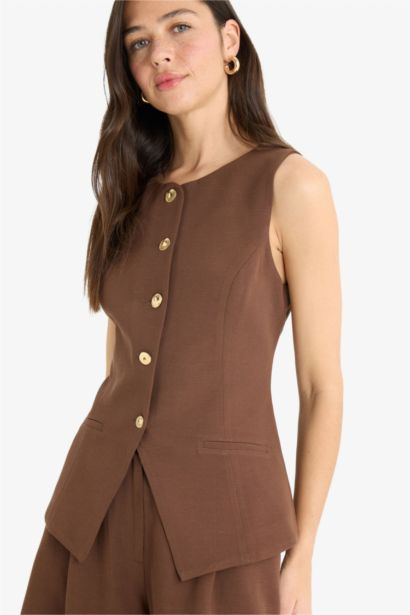 Fitted Bisiklet Yaka Keten Karışımlı Blazer Yelek