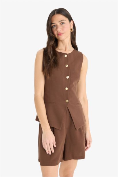 Fitted Bisiklet Yaka Keten Karışımlı Blazer Yelek