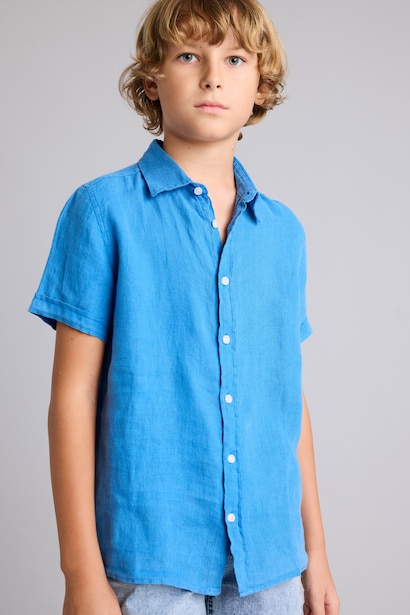 Boy Regular Fit Polo Neck Linen Short Sleeve Shirt