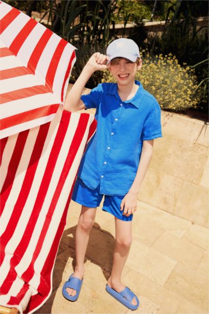 Boy Regular Fit Polo Neck Linen Short Sleeve Shirt