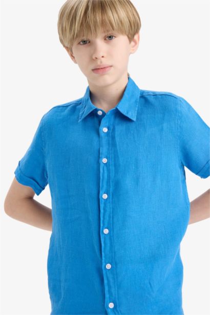 Boy Regular Fit Polo Neck Linen Short Sleeve Shirt