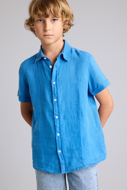 Boy Regular Fit Polo Neck Linen Short Sleeve Shirt