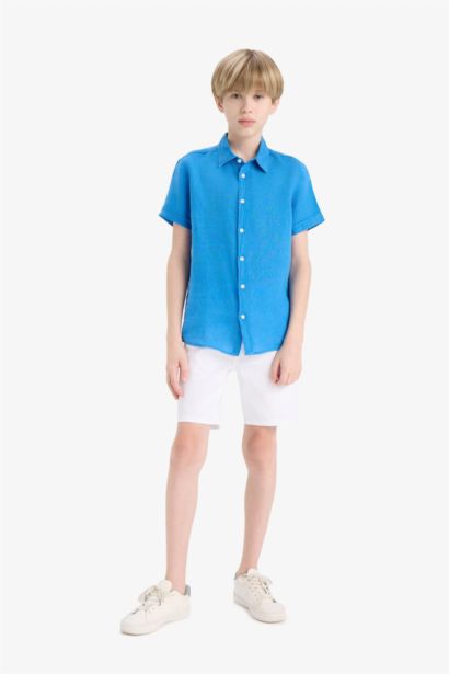 Boy Regular Fit Polo Neck Linen Short Sleeve Shirt