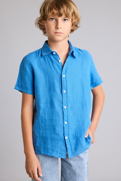 Boy Regular Fit Polo Neck Linen Short Sleeve Shirt