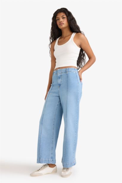 Culotte Yüksek Bel Uzun Jean Yıkamalı Pantolon