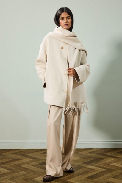 Yün Karışımlı Çıkarılabilir Atkılı Relax Fit Düğmeli Kaşe Kaban