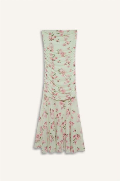 Bodycon Vücudu Saran Straplez Çiçek Desenli Tül Maxi Elbise