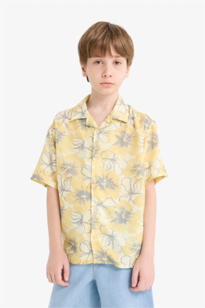 Детская рубашка с коротким рукавом из вискозы с поло воротником и узором, оверсайз