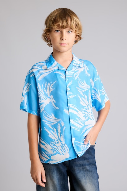 Boy Oversize Polo Neck Floral Viscose Shirt