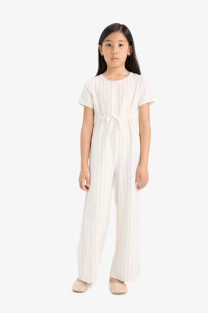 Girl Short Sleeve Striped Viscose Jumpsuit