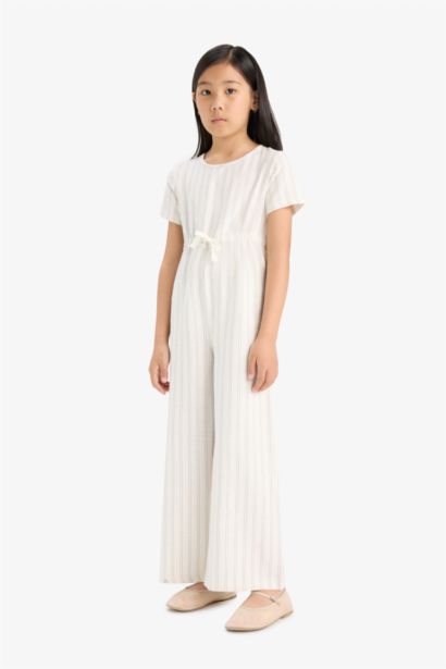 Girl Short Sleeve Striped Viscose Jumpsuit