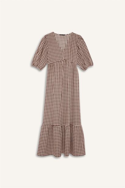 فستان نص كم ميدي مطبوع منسوج برقبة V