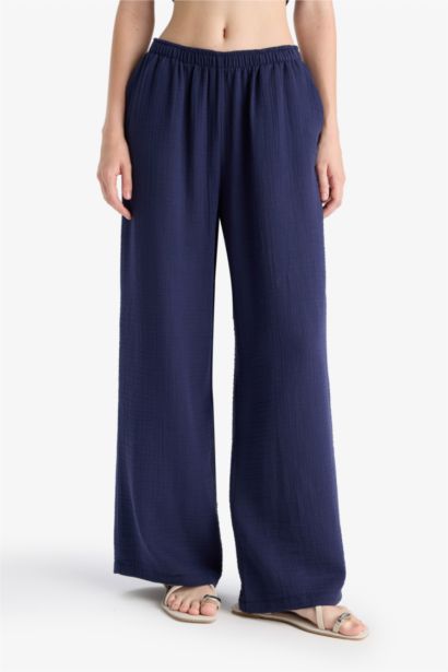 %100 Pamuk Wide Leg Normal Bel Müslin Pantolon