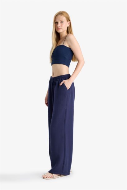 %100 Pamuk Wide Leg Normal Bel Müslin Pantolon