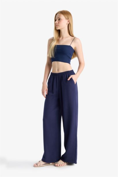 %100 Pamuk Wide Leg Normal Bel Müslin Pantolon
