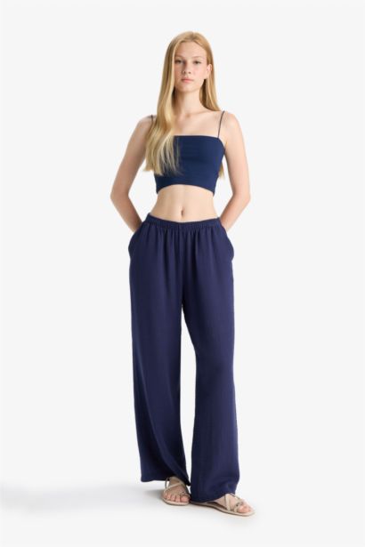 %100 Pamuk Wide Leg Normal Bel Müslin Pantolon