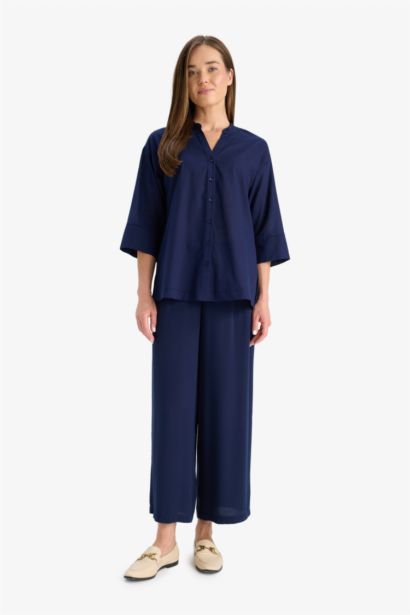 قميص قطن ردن طويل قصة عادية بياخة مستديرة