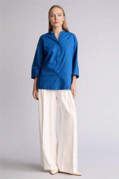 Regular Fıt Bisiklet Yaka Flamlı Pamuk Uzun Kollu Gömlek