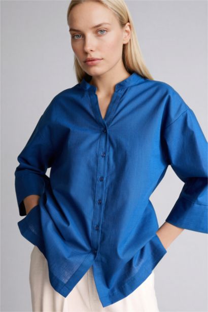 Regular Fıt Bisiklet Yaka Flamlı Pamuk Uzun Kollu Gömlek