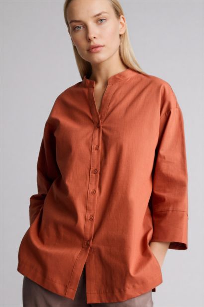 Regular Fıt Bisiklet Yaka Flamlı Pamuk Uzun Kollu Gömlek