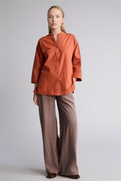 Regular Fıt Bisiklet Yaka Flamlı Pamuk Uzun Kollu Gömlek