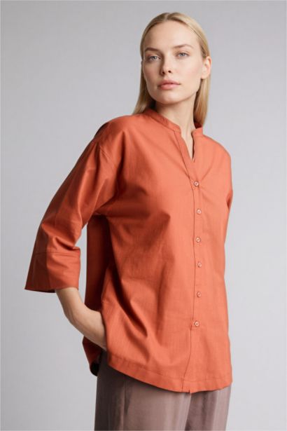 Regular Fıt Bisiklet Yaka Flamlı Pamuk Uzun Kollu Gömlek