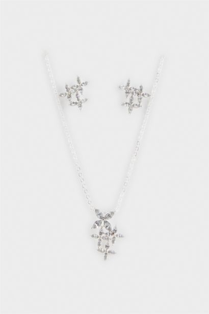 Kadın Taşlı Çiçekli Silver Kolye Küpe Seti