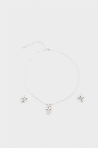 Kadın Taşlı Çiçekli Silver Kolye Küpe Seti