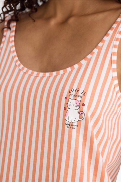 Regular Fit U Yaka Askılı Çizgili Gecelik-Fall in Love 