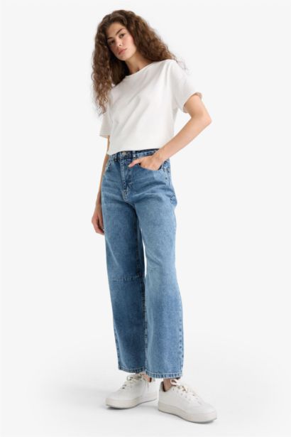 %100 Pamuk Barrel Fıt Normal Bel Jean Pantolon