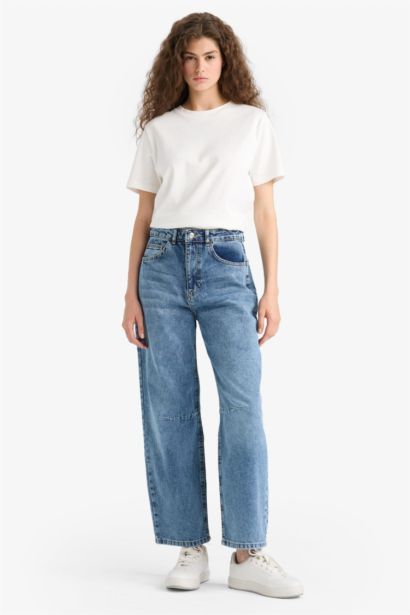 %100 Pamuk Barrel Fıt Normal Bel Jean Pantolon