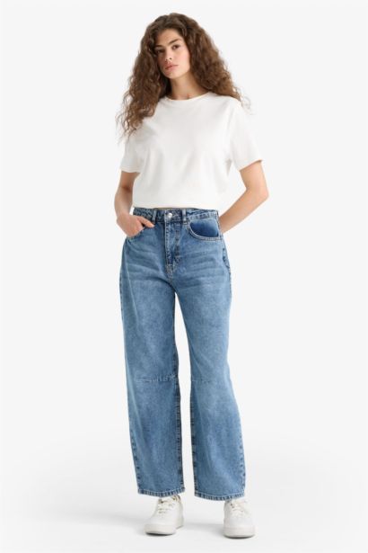 %100 Pamuk Barrel Fıt Normal Bel Jean Pantolon