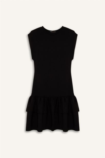 Bisiklet Yaka Kısa Kollu Mini Elbise