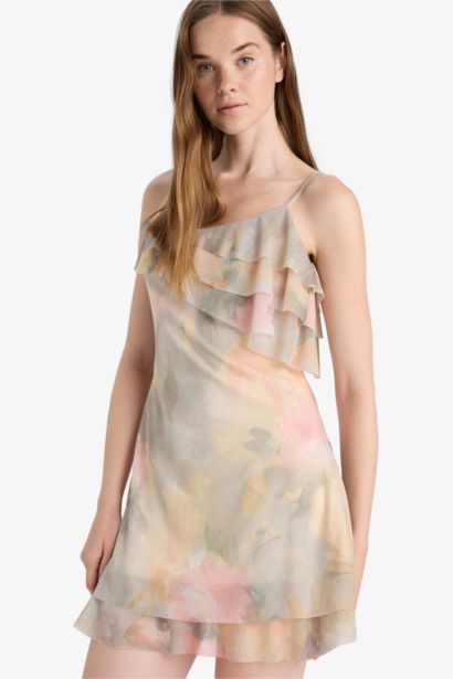 فستان قصير نص كم فلورال من ميش