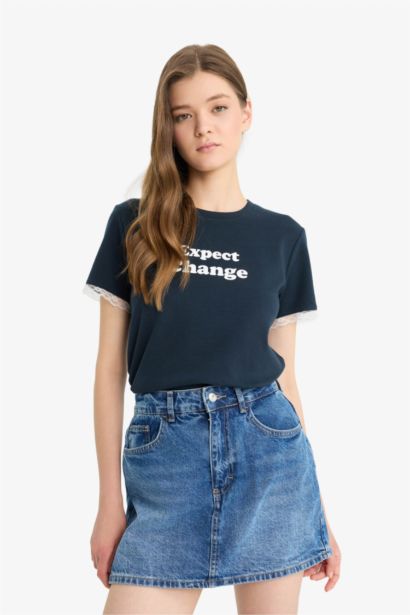 Fitted Baskılı Ribana Kısa Kollu Tişört