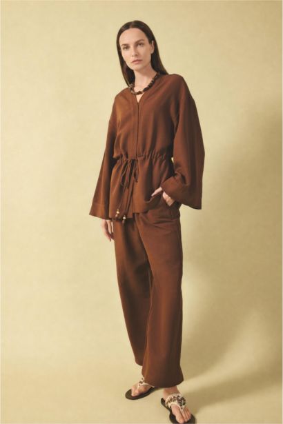 Relax Fit V-Neck Linen Blend Long Sleeve Shirt