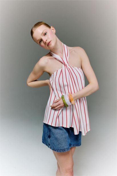 Regular Fit Kolsuz Çizgili Bluz