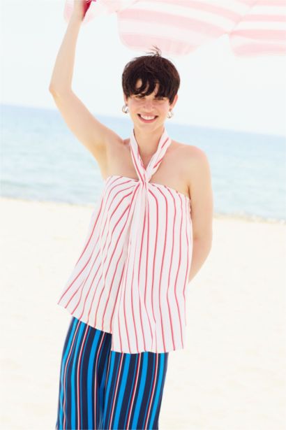 Regular Fit Halter Collar Striped Sleeveless Blouse