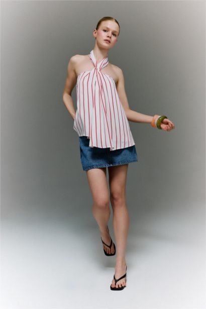 Regular Fit Kolsuz Çizgili Bluz