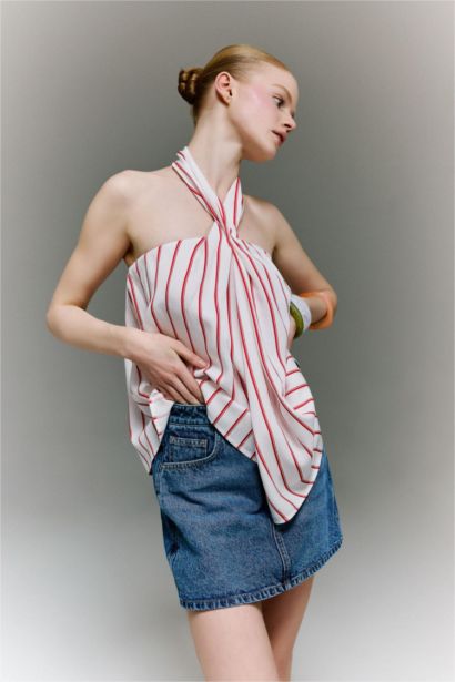 Regular Fit Kolsuz Çizgili Bluz