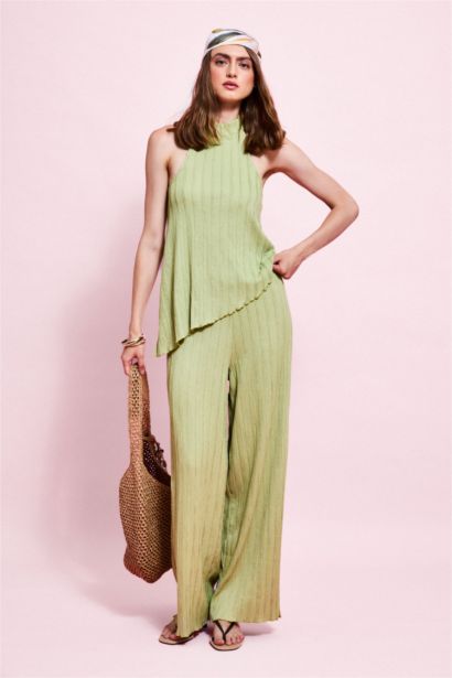 Wide Leg Kırışık Dokulu Pantolon
