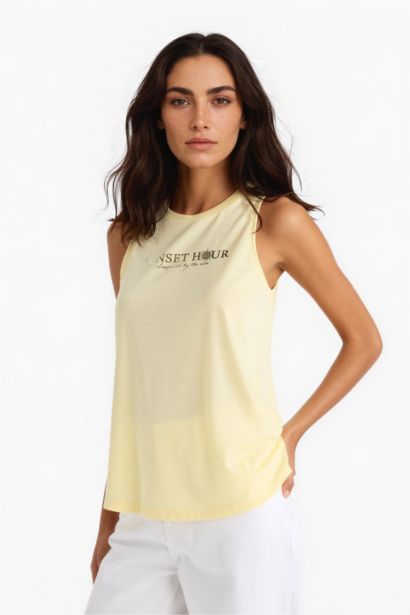 Relax Fit Slogan Printed Crew Neck Tank Top