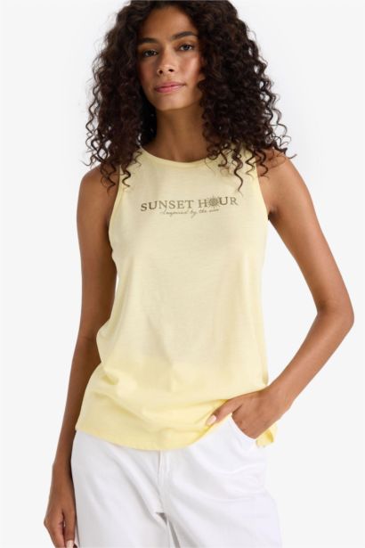 Relax Fit Slogan Printed Crew Neck Tank Top